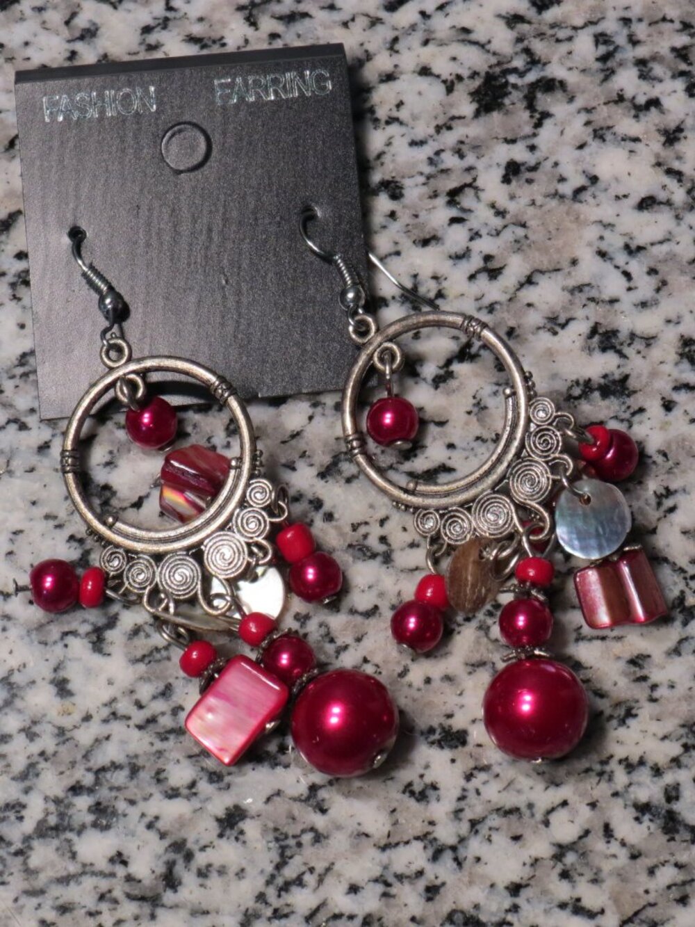New/Never Worn Fashion Earrings Ear Wires Dangling Beaded Red Silver